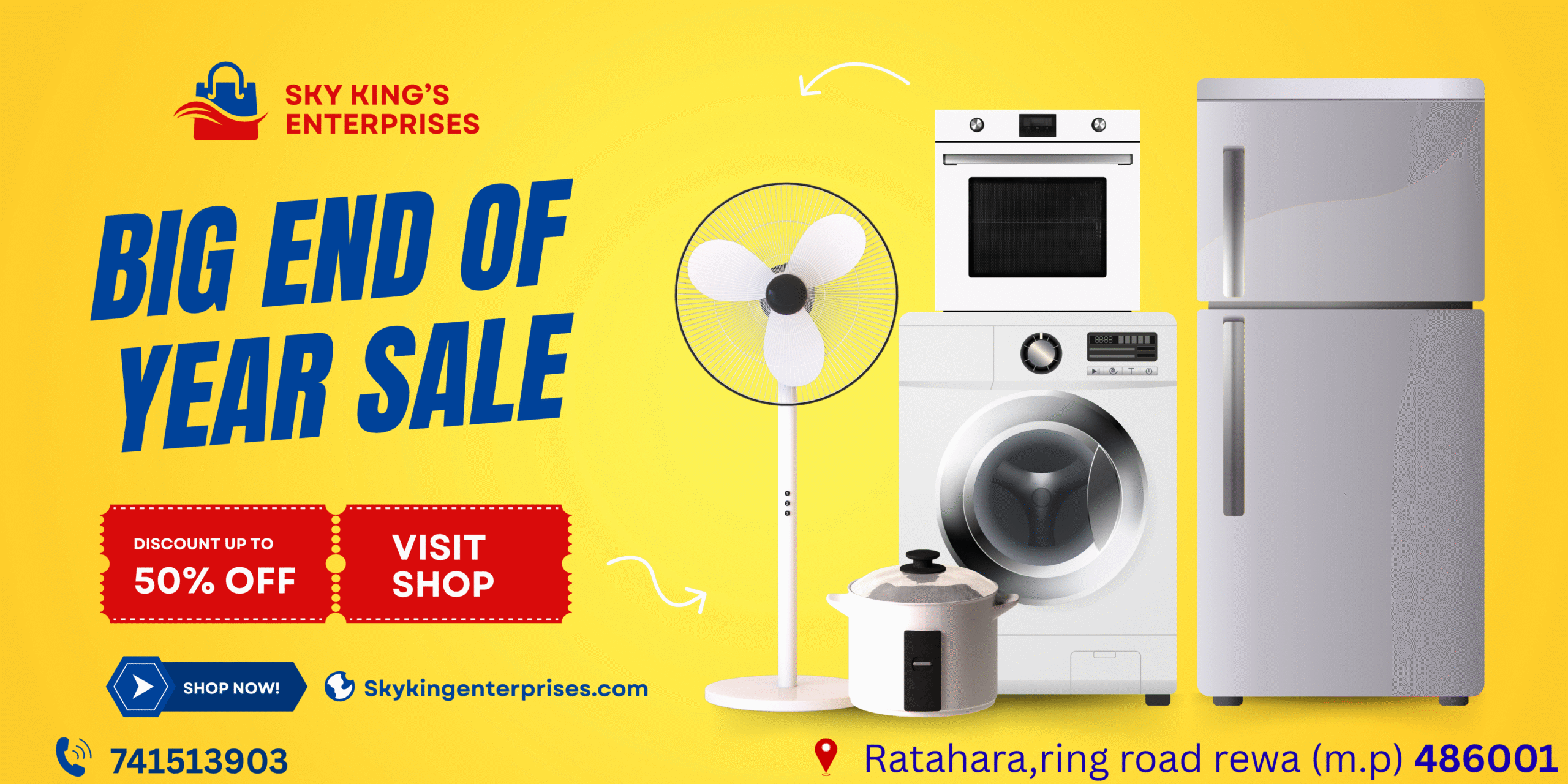 Yellow Blue Red Modern Big End of Year Sale Electronics Banner